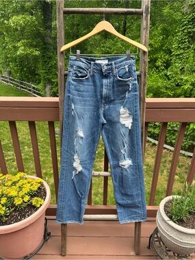 MOTHER Superior Distressed Blue Straight-Leg Jeans - High Waisted Study Hover